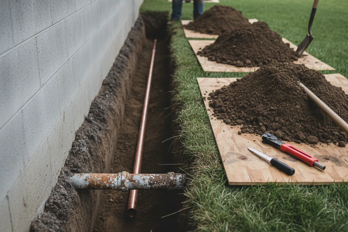 Excavated water line trench during Water Softener Installation in Hume